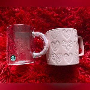 NEW! Starbucks Valentines Pink Hearts Ceramic Mug and Glass Mug with Confetti